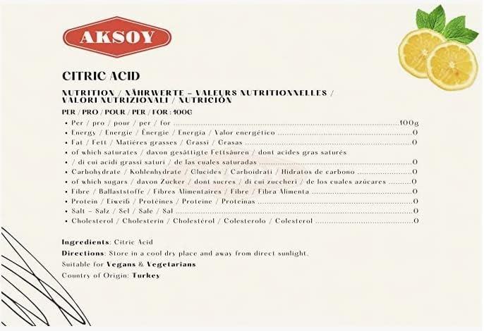 Aksoy Citric Acid Food Grade Non-GMO, Anhydrous, Make Your Own BathBomb, No Additives, Sour Drinks, Household Cleaning with Citric Acid Powder