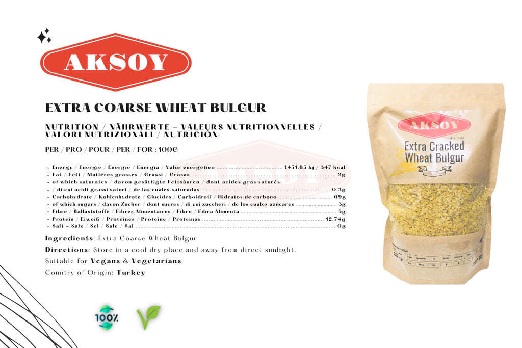 Aksoy Extra Coarse Wheat Bulgur Natural and Nutritious, a Delicious, Healthy, and Convenient Choice for Soups, Pilafs, Traditional Dishes and Salads!Natural and Nutritious, a Delicious, Healthy, and Convenient Choice for Soups, Pilafs, Traditional Dishes - Aksoy UK