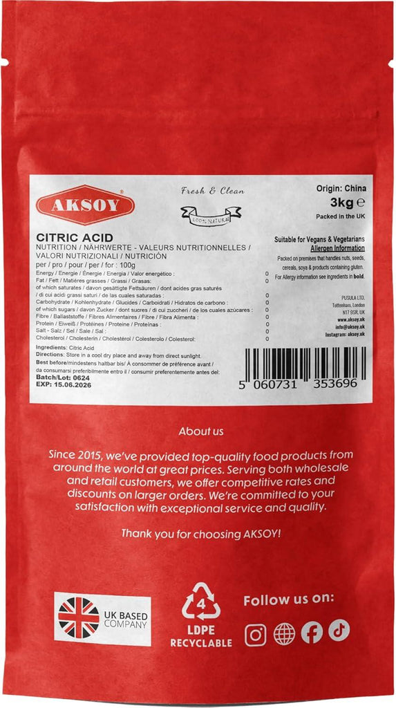 Aksoy Citric Acid Food Grade Non-GMO, Anhydrous, Make Your Own BathBomb, No Additives, Sour Drinks, Household Cleaning with Citric Acid Powder