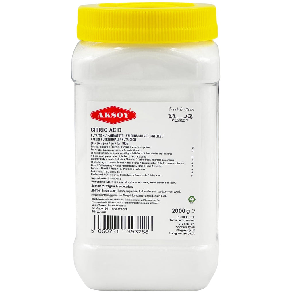 Aksoy Citric Acid Food Grade Non-GMO, Anhydrous, Make Your Own BathBomb, No Additives, Sour Drinks, Household Cleaning with Citric Acid Powder - Aksoy UK