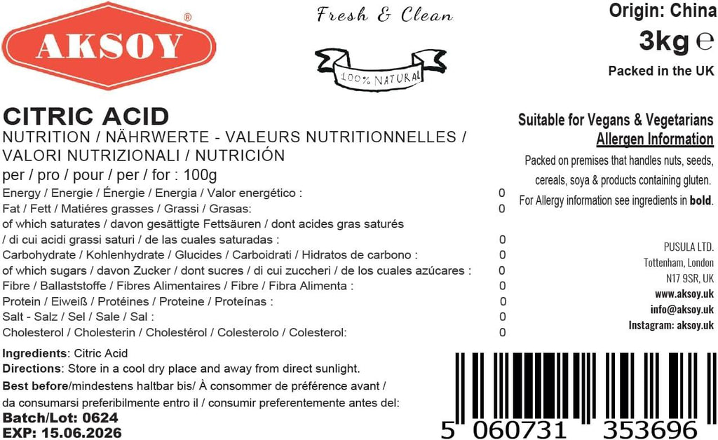 Aksoy Citric Acid Food Grade Non-GMO, Anhydrous, Make Your Own BathBomb, No Additives, Sour Drinks, Household Cleaning with Citric Acid Powder