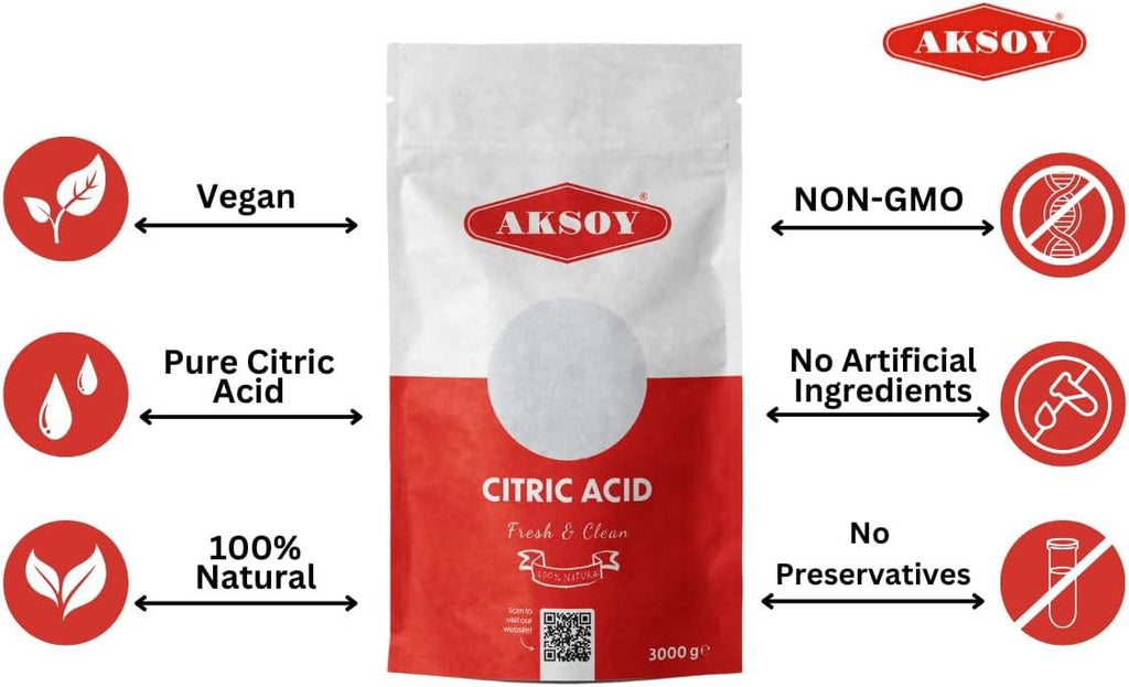 Aksoy Citric Acid Food Grade Non-GMO, Anhydrous, Make Your Own BathBomb, No Additives, Sour Drinks, Household Cleaning with Citric Acid Powder
