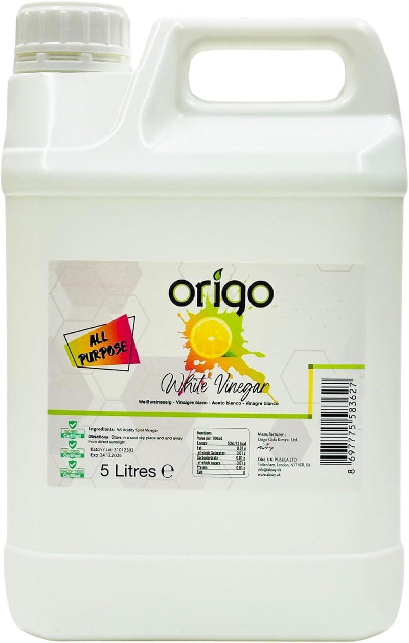 Origo White Vinegar - Lemon  for Cleaning, Pickling, Distilled White Vinegar - 5L Bottle with Fresh Lemon Scent | Ideal for Weed Killer, Household, Cooking & More Uses - Aksoy UK