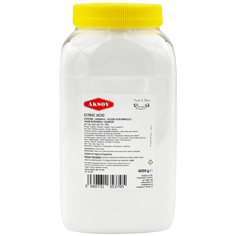 Aksoy Citric Acid Food Grade 4KG jar || Non-GMO, Anhydrous, Make Your Own BathBomb, Gluten-Free, No Additives, Sour Drinks, Household Cleaning with Citric Acid Powder - Aksoy UK