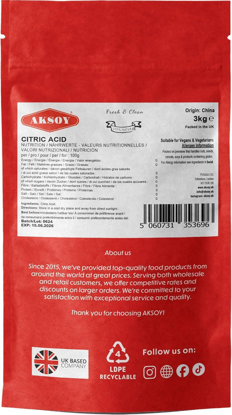 Aksoy Citric Acid Food Grade 3kg || Non-GMO, Make Your Own BathBomb, Sour Drinks, Household Cleaning with Citric Acid Powder … - Aksoy UK