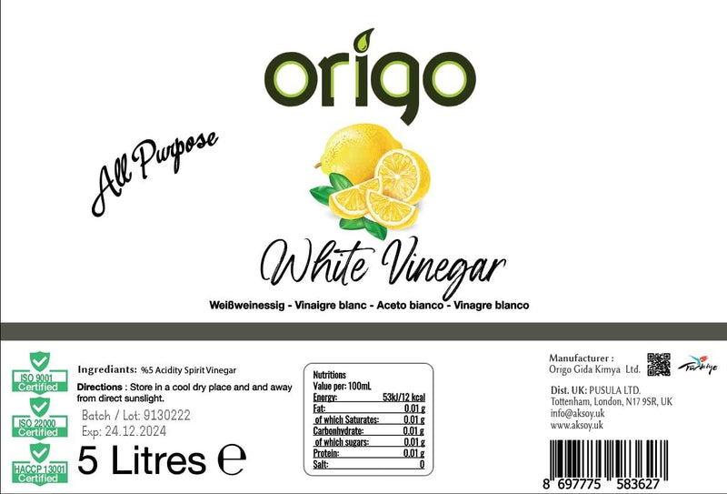 Origo White Vinegar - Lemon  for Cleaning, Pickling, Distilled White Vinegar - 5L Bottle with Fresh Lemon Scent | Ideal for Weed Killer, Household, Cooking & More Uses - Aksoy UK