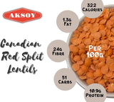 Aksoy Canadian Red Split Lentils  Natural, High in Fiber and Protein, Ideal for Soups, Main Dishes, and More, Easy to Cook and Perfect for Every Meal - Aksoy UK