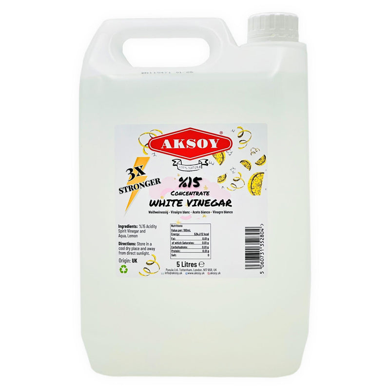 Aksoy Lemon White Vinegar 15% Concentrate 5LT, 3X Stronger Than Regular White Vinegar, Perfect for Cleaning, Tough Stains, Weed Killer, Descaling & Household Use - Aksoy UK